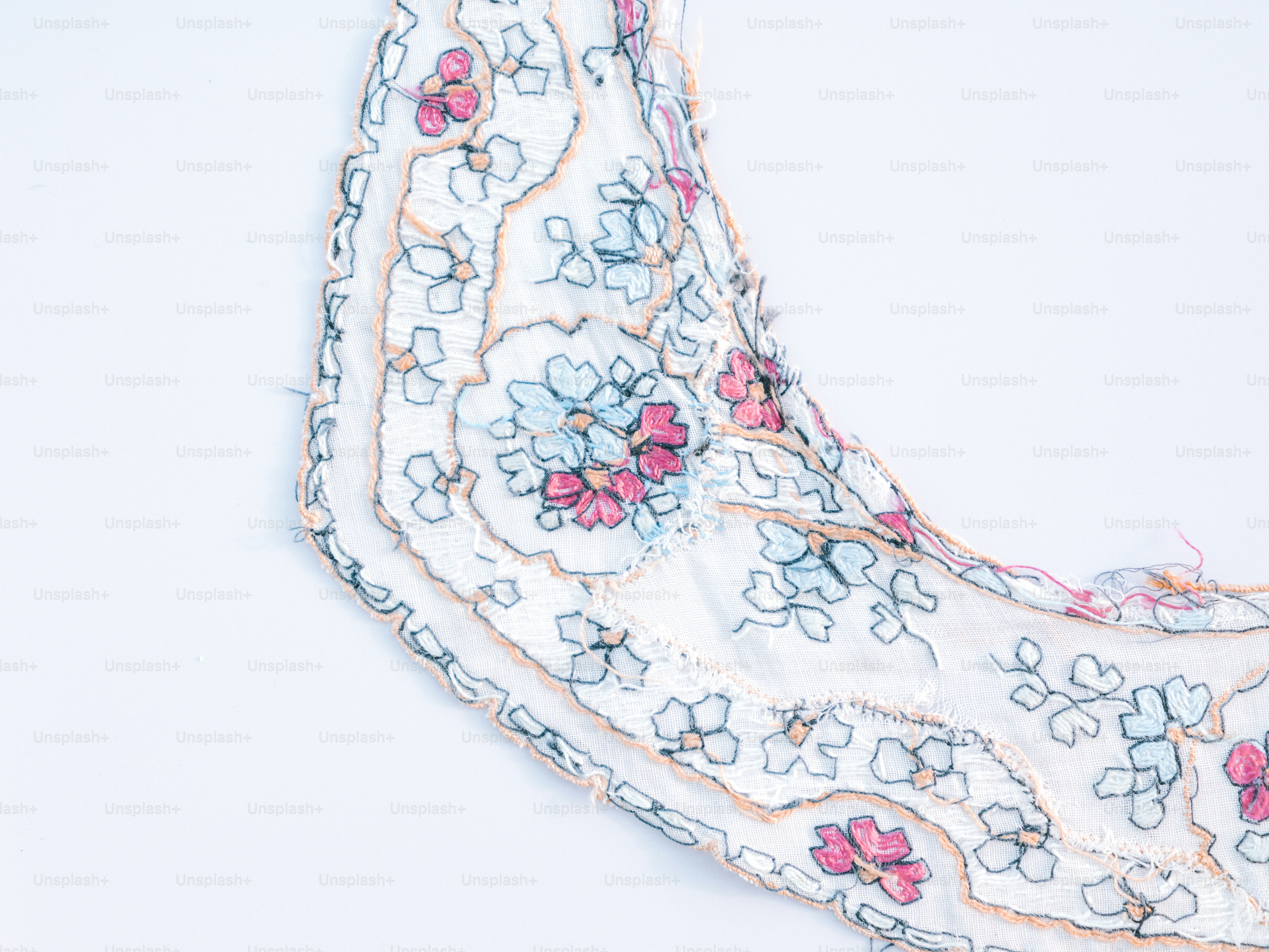 Close-up of a floral fabric with pink and blue flowers